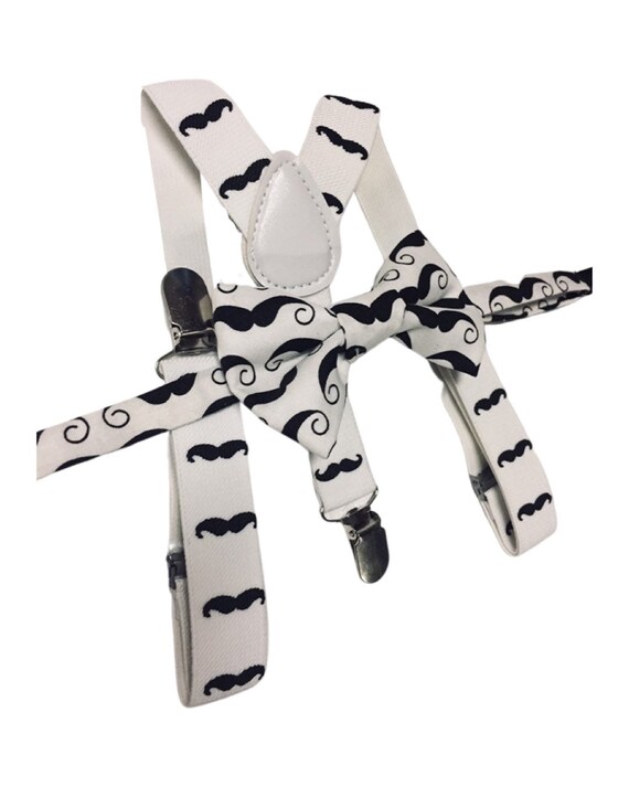 Boys Mustache Bow tie and Suspenders, Baby Moustache Bow tie, Moustache Party, white suspenders, Boys Photo prop, boys birthday outfit