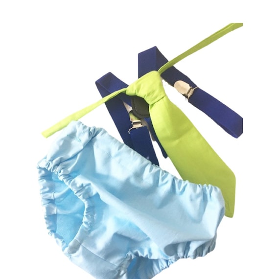 Boys First Birthday Outfit - Monster Party - Diaper Cover, Tie & bloomers - blue Suspenders - 1st Birthday - Cake Smash Outfit