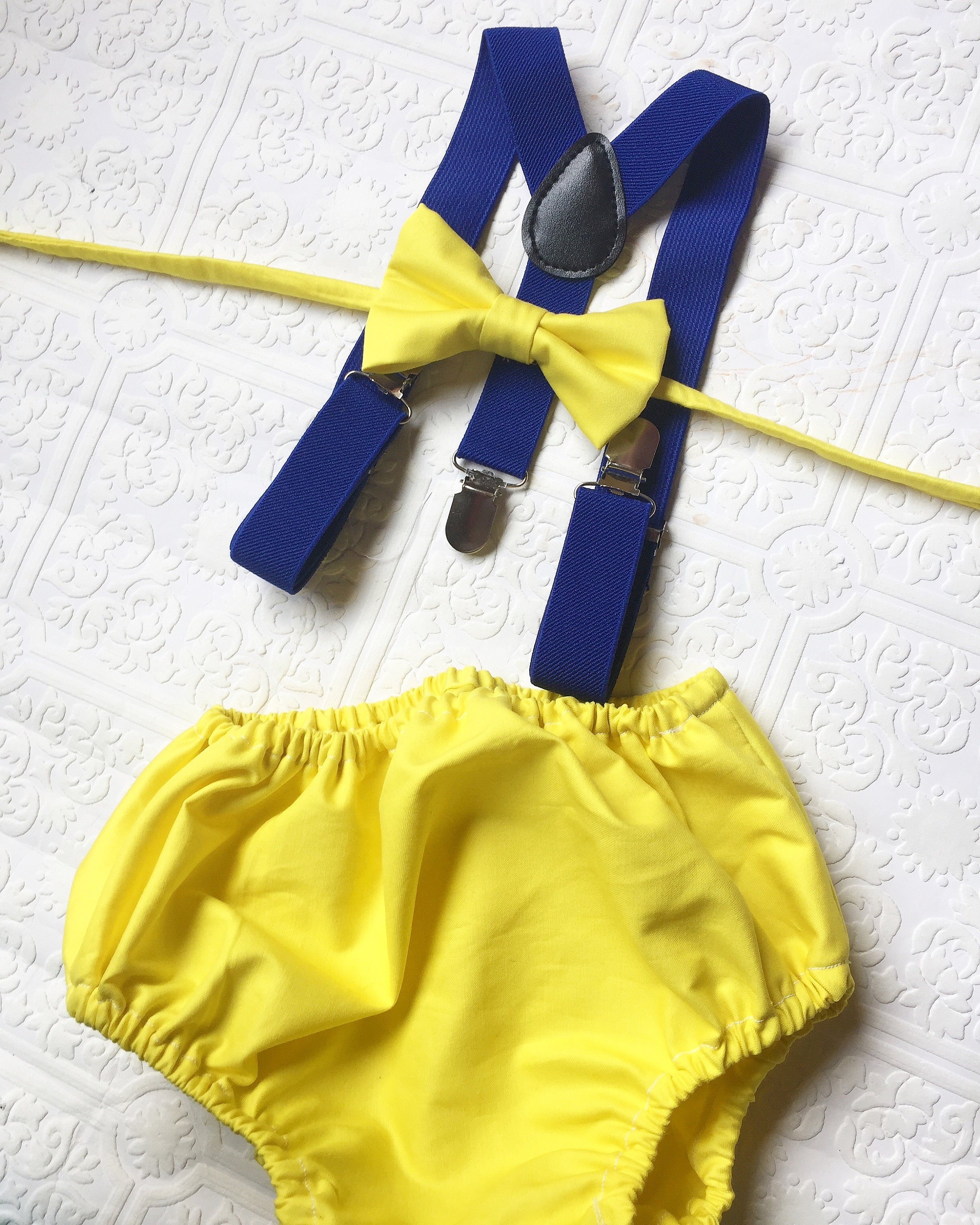 1st Birthday boy cake smash bow tie suspenders outfit blue yellow
