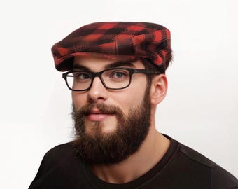 Red and Black Buffalo Check Flat Cap, Red Buffalo Plaid Newsboy