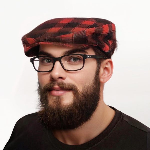 Red and Black Buffalo Check Flat Cap, Red Buffalo Plaid Newsboy Hat, Birthday Boy Buffalo Plaid Hat, Man Lumberjack Plaid Flat Cap Hat Gift