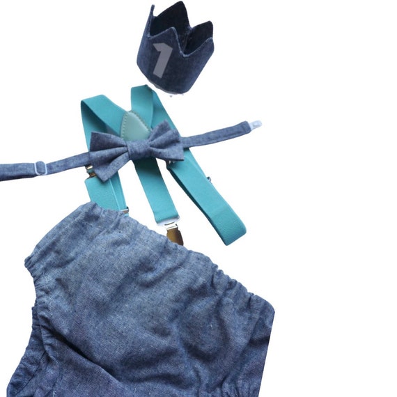 Light denim sitter set - baby boy photo prop - baby clothes - vintage style - birthday crown - cake smash outfit