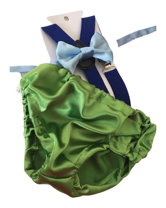 Monsters inspired Smash Cake Boy First Birthday blue cotton Diaper Cover, royal blue Suspenders,green lime bow tie first birthday outfit