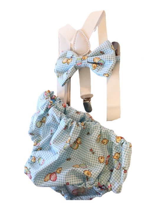 Boys Cake Smash Outfit - Blue Gingham - Vintage easter- Diaper Cover, Bow Tie & suspenders - Boys Birthday Outfit First 1st Birthday - eggs