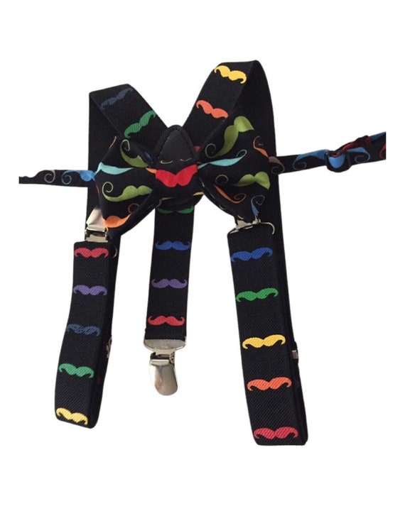 Boys Mustache Bow tie and Suspenders, Baby Moustache Bow tie, Moustache Party, black suspenders, Boys Photo prop, boys birthday outfit
