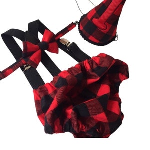 Cake Smash Outfit Boy Girl Buffalo Plaid Set or Buy the Piece Diaper Cover Bow Tie Suspenders Boys First 1st Birthday Lumberjack Photoshoot main image 0