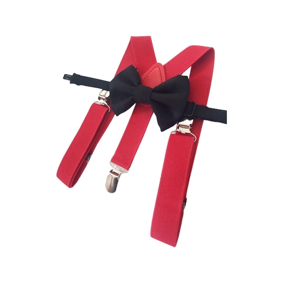 RED Solid 100% Cotton black Bowtie Bow Tie + Red Braces Elastic Suspenders for Baby Kids Page Boy Toddler or Youth Teenage