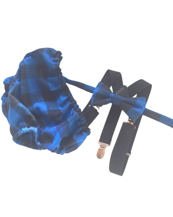 Boys Cake Smash Outfit - Blue black Buffalo Plaid- Diaper Cover, bow Tie & Birthday Hat - First Birthday Outfit - Boys Birthday Outfit -
