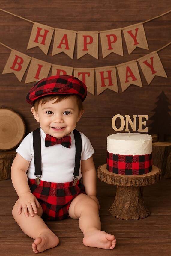 Cake Smash Outfit Boy Buffalo Plaid Set Buy the Piece Diaper Cover Bow Tie Suspenders Boys First 1st Birthday Lumberjack Photoshoot woodland