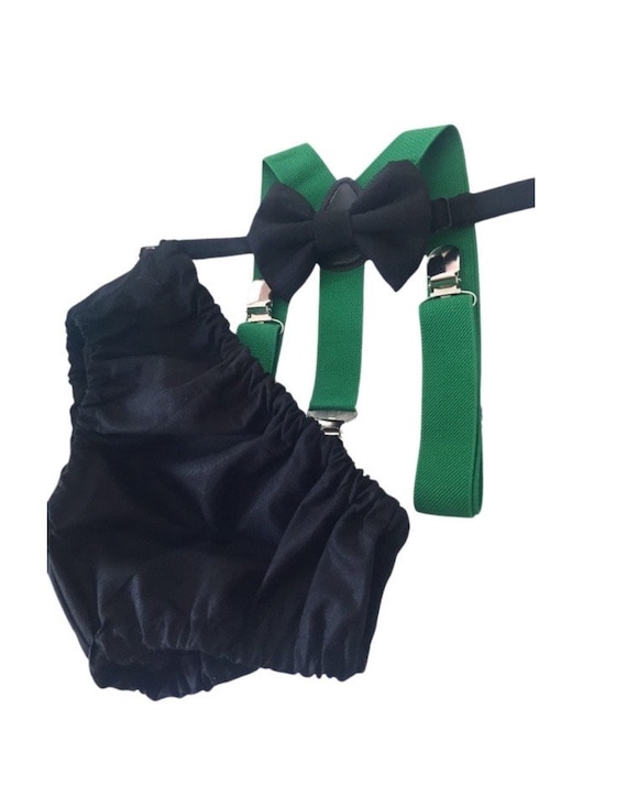 Cake Smash Boy Outfit, Black and green 1st Birthday Boy, Black Diaper Cover, Bowtie, Suspender, green suspenders, First Birthday Boy, Boy