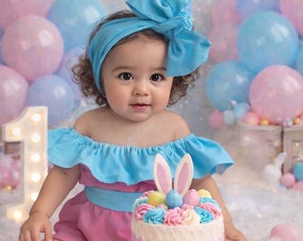 女の子のイースター衣装、幼児用イースターロンパース、ウサギ、リボンヘッドバンド、初めてのイースター、ブルーとピンクのロンパース、ハッピーイースター、春のギフト