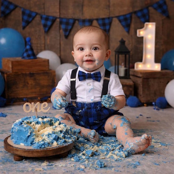 Boys Cake Smash Outfit - Blue black Buffalo Plaid- Diaper Cover, bow Tie & Birthday Hat - First Birthday Outfit - Boys Birthday Outfit -