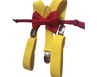 RED Bow tie and suspenders, Boys, Kids, Child, Ring Bearer Gift, Apple, yellow Suspender yellow Braces