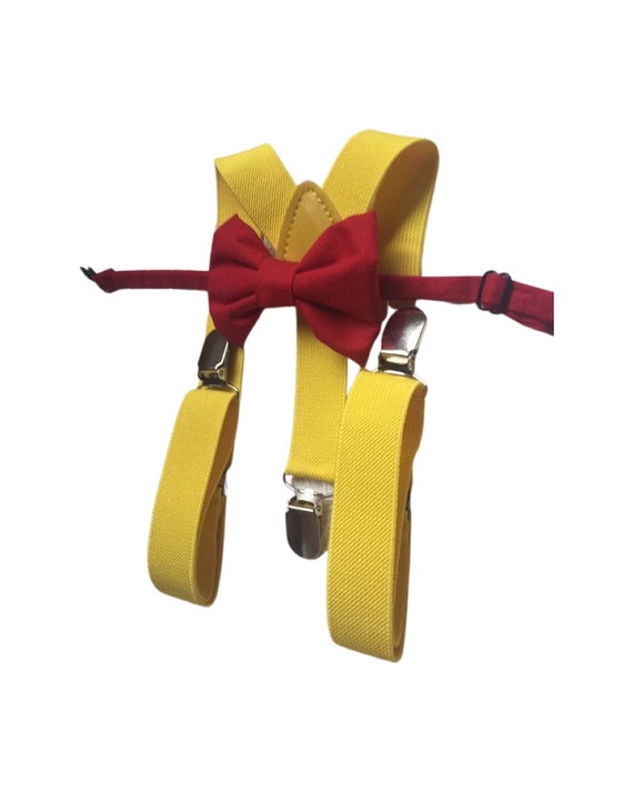 RED Bow tie and suspenders, Boys, Kids, Child, Ring Bearer Gift, Apple, yellow Suspender yellow Braces