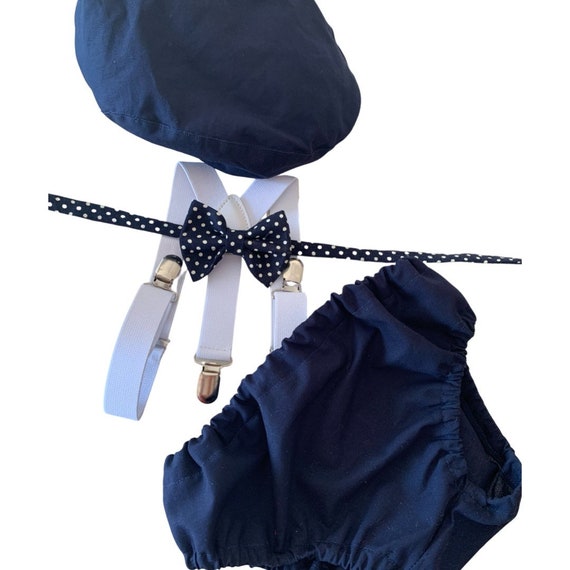 Navy Smash Cake Outfit Boy First Birthday super soft navy cotton Diaper Cover, navy Suspenders and navy bow tie 1st Birthday Photoshoot