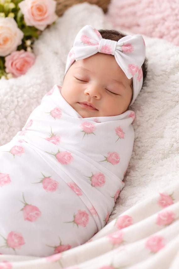Rose Baby Swaddle Blanket, Baby Girl Swaddle, Rose Blanket, Newborn Swaddle, Girl Baby Blanket, Swaddle Set, Stretchy Knit Swaddle