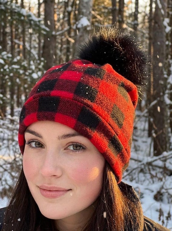 Red Plaid Buffalo Hat, Newborn Buffalo Plaid Beanie, Cotton Lumberjack Plaid Hat, Wild One Buffalo Plaid, Baby Shower Gift, Pompom hat