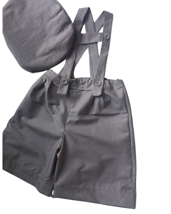 Boy shorts with suspenders Ring bearer outfit Baby boy linen suit First birthay clothes Baptism overalls Diaper cover set Rompers light Gray