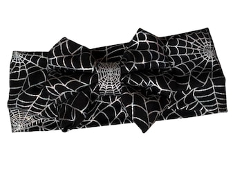 Halloween BIG bow Nylon Head wrap, black spiderweb Bow Headband. Baby girl, newborn, Toddler Headwrap wide headband,