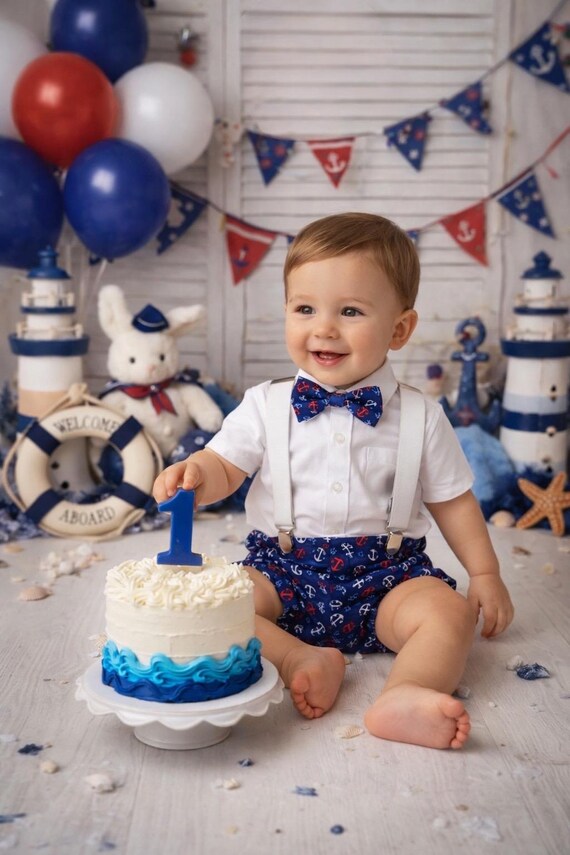 Nautical Print 3 Piece Cake Smash Outfit - blue anchor cake smash outfit, navy blue cake smash outfit, blue cake smash outfit, nautical