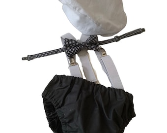 Cake Smash Boy First Birthday super soft black cotton Diaper Cover,grey Suspenders,black bow tie, Birthday Photoshoot