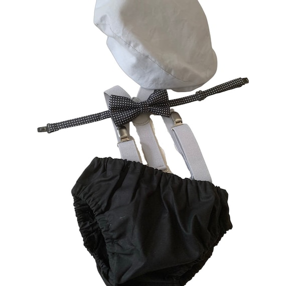 Cake Smash Boy First Birthday super soft black cotton Diaper Cover,grey Suspenders,black bow tie, Birthday Photoshoot