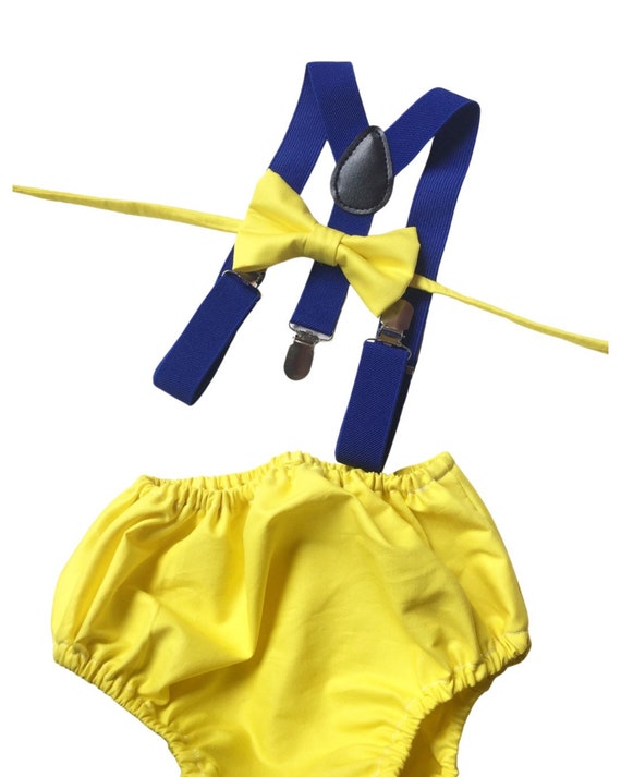 1st Birthday boy cake smash diaper cover bow tie Suspenders Blue yellow bloomers Bow tie