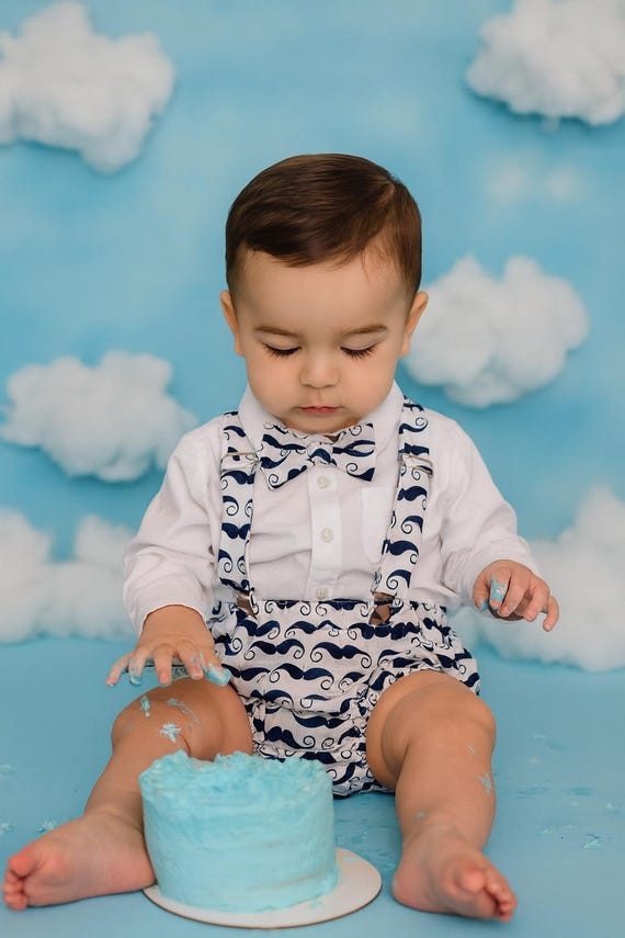 Black & White Moustache 3 Piece Cake Smash Outfit - First Birthday Set Mr Onederful Cake Smash Boy Outfit, Black Diaper Cover, suspenders