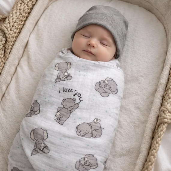 Grey Little Elephant Organic Bamboo Muslin Baby Swaddle Blanket with soft cotton grey beanie hat