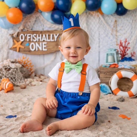 Boys Cake Smash Outfit - Fishing Party - Ofishally One - The Big One - Diaper Cover, Bow Tie & Hat - Shirt - Bobber - First 1st Birthday
