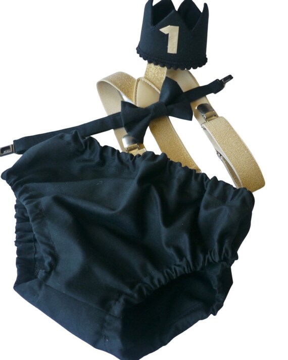 Cake Smash Boy Outfit, Black and Gold 1st Birthday Boy, Black Diaper Cover, Bowtie, Suspender, Crown, First Birthday Boy, Boys 1st Birthday