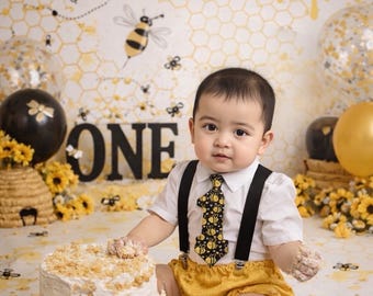 Roupa para o primeiro aniversário de menino, roupa para ensaio fotográfico de aniversário com bolo, roupa de abelhinha para bebê e criança pequena, segundo aniversário, capa de fralda, acessórios para ensaio fotográfico de aniversário com bolo.