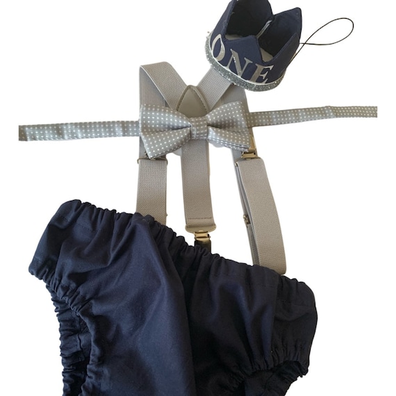 Navy Smash Cake Outfit Boy First Birthday super soft navy cotton Diaper Cover, sparkle Suspenders and navy bow tie 1st Birthday Photoshoot