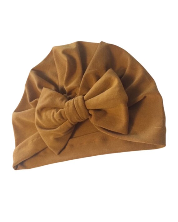 Mocha: ( jersey ) with XL flatbow - baby turban hat, baby turban, infant hat, hospital hat, baby bow hat, coffee baby hat, ocre baby hat