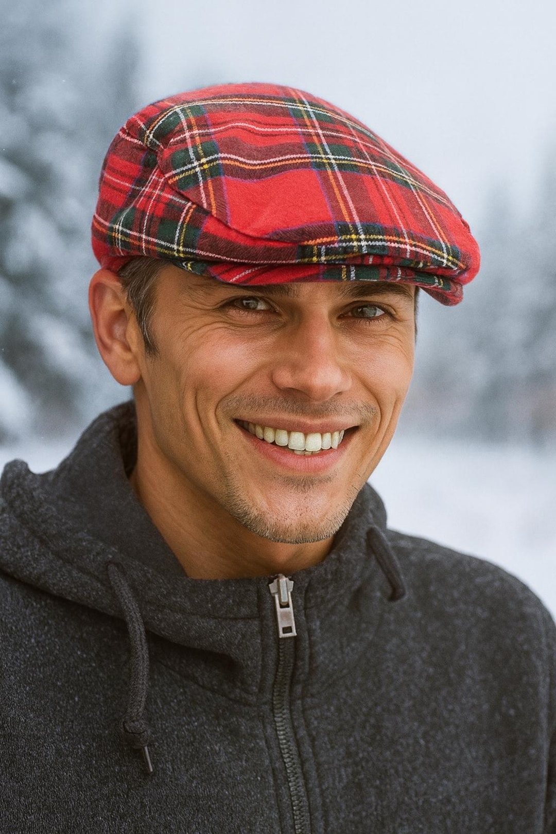 Casquette Plate (flat Cap) Homme - Taille M - Vert Et Rouge Motif Tarte - Occasion