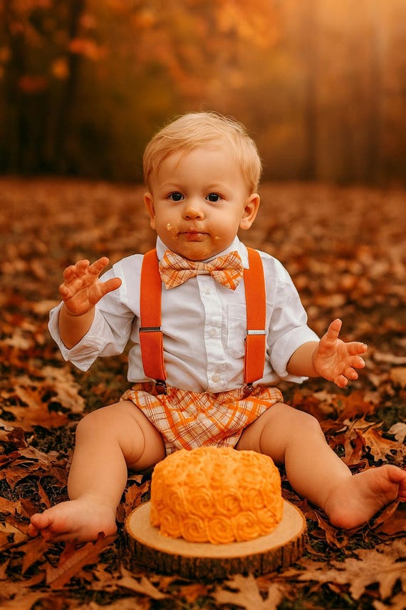 Boy Cake Smash Outfit, Boy Cake Smash, Boy 1st Birthday Set, 1st Birthday, Milestone Pictures, Boy 1st Birthday Outfit, Orange Cake Smash