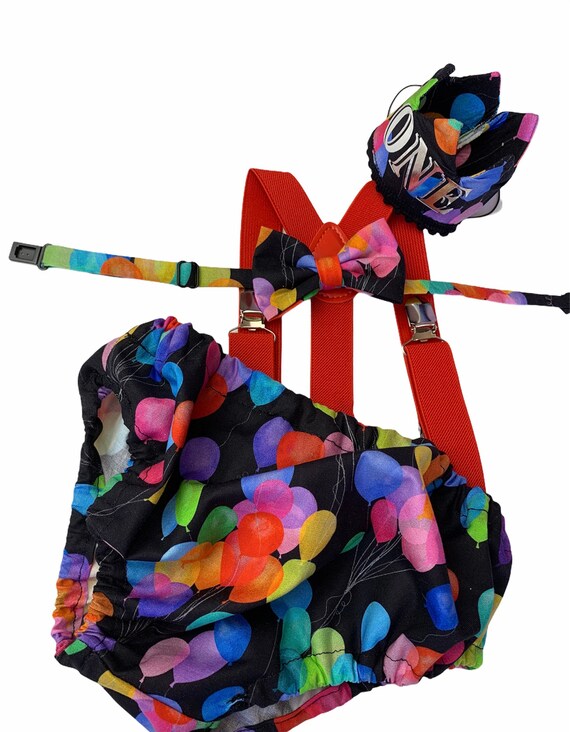 Cake Smash Boy First Birthday super soft black cotton Diaper Cover,red Suspenders,black bow tie, Birthday Photoshoot