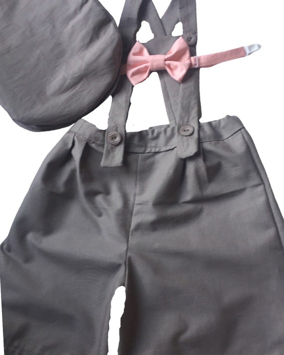 Boy shorts with suspenders Ring bearer outfit Baby boy linen suit First birthay clothes Baptism overalls Diaper cover set Rompers light Gray