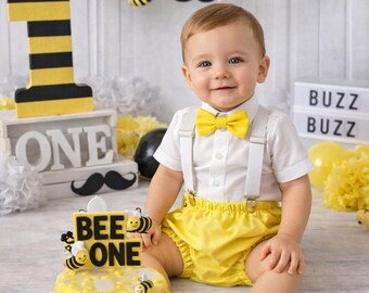 Conjunto para ensaio fotográfico de bebê com bolo, adereço para fotos, conjunto de capa de fralda, roupa para primeiro aniversário, capa de fralda amarela em tecido seersucker com suspensórios e gravata borboleta.