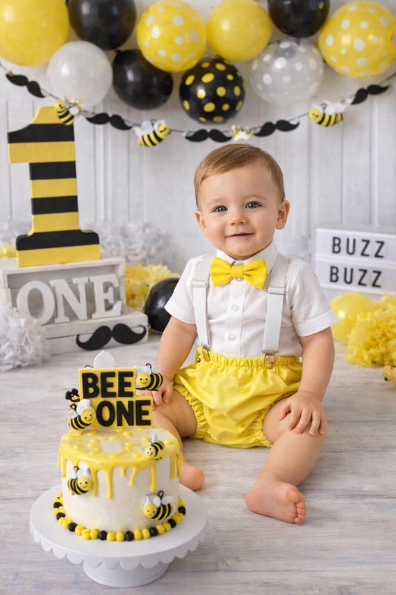 Cake Smash Outfit, Baby Photo Prop, Diaper Cover Set, First Birthday Outfit, Yellow Seersucker Diaper Cover Suspenders Bow Tie, Suspenders
