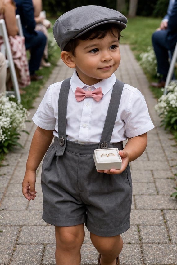 Boy shorts with suspenders Ring bearer outfit Baby boy linen suit First birthay clothes Baptism overalls Diaper cover set Rompers light Gray