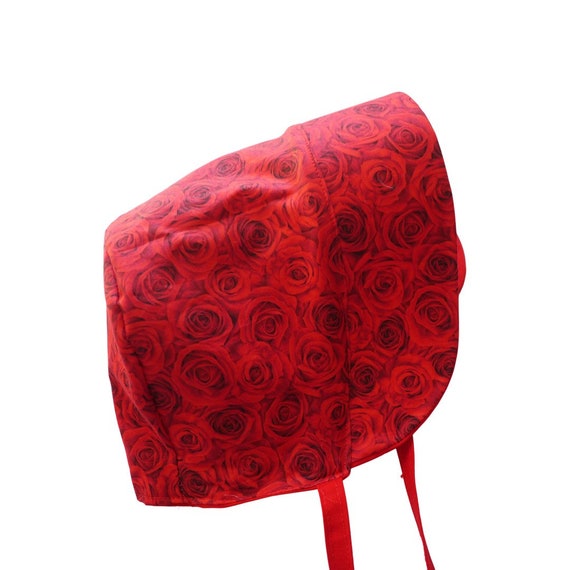 Little red roses summer hat with brim and ties, classic cotton baby bonnet, 6-12 months size ready to ship