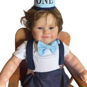 baby boy navy blue and blue themed cake smash outfit nappy diaper cover suspenders bow tie boy first birthday outfit 1st birthday main image 1