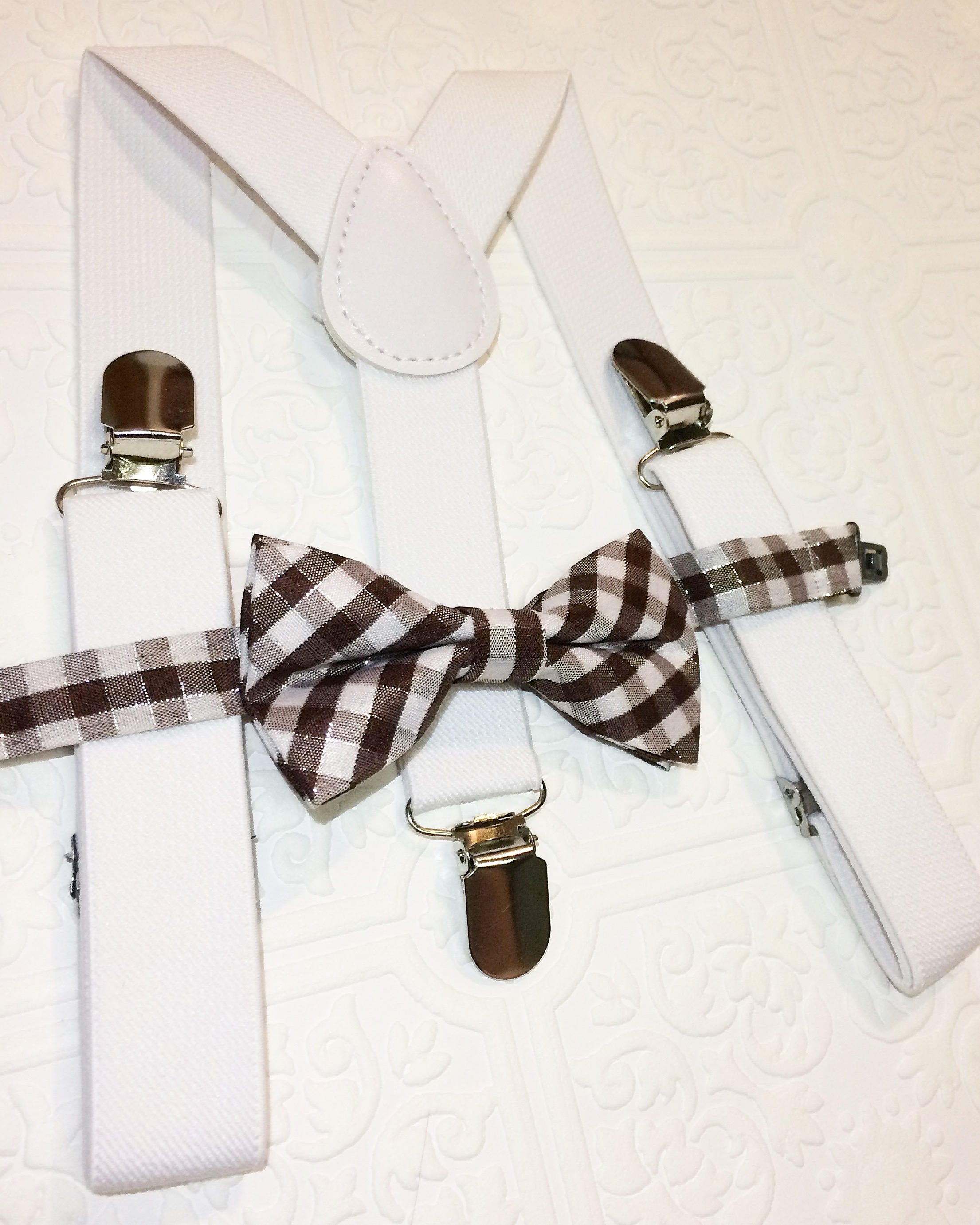 Baby suspenders and bow tie, brown baby bow tie, baby bow tie