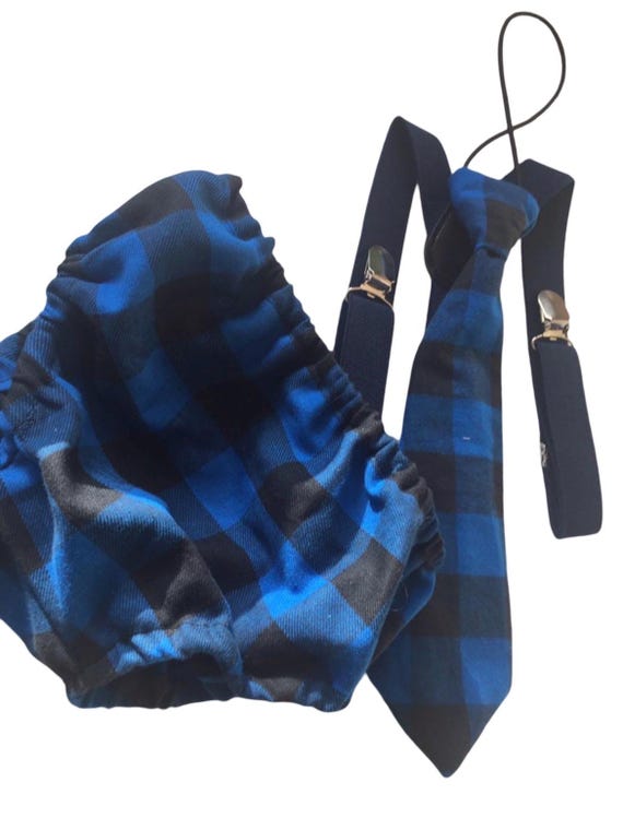 Boys Cake Smash Outfit - blue Black Plaid - Buffalo Plaid - Lumberjack First Birthday Outfit - Diaper Cover, Tie & Birthday bloomers