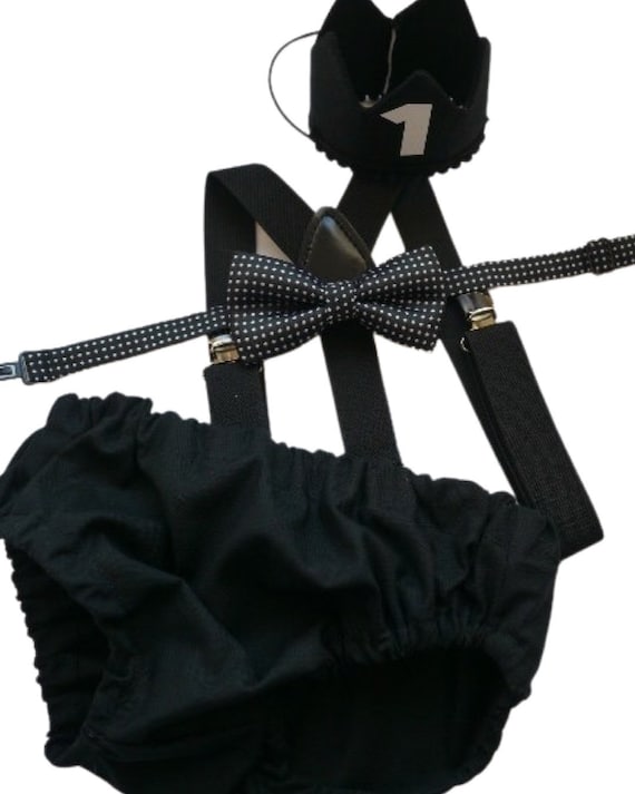 Cake Smash Boy Outfit,Black and White 1st Birthday Boy, Black Diaper Cover, Bowtie, Suspender, gold suspenders, First Birthday Boy, Boys 1st
