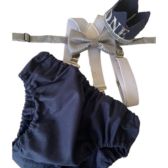 Navy Smash Cake Outfit Boy First Birthday super soft navy cotton Diaper Cover, sparkle Suspenders and navy bow tie 1st Birthday Photoshoot