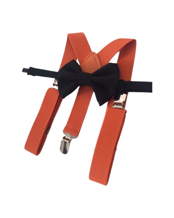 Bow Tie & Suspenders SET / black Bow Tie and Orange Suspenders / Kids Baby Wedding Page Boy Set all sizes newborn- 5 years old / halloween
