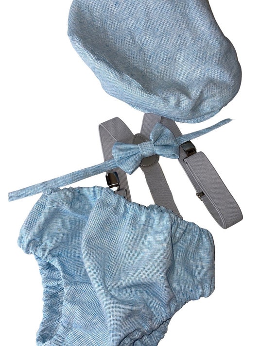 Light denim sitter set - baby boy photo prop - baby clothes - vintage style - flat cap - cake smash outfit