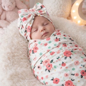 Inbakerdoek in tuin Bloemen met strik Tulband, strik Hoed en strik Hoofdbanden set elastische zachte vintage bamboe katoen babymeisje zomer winter